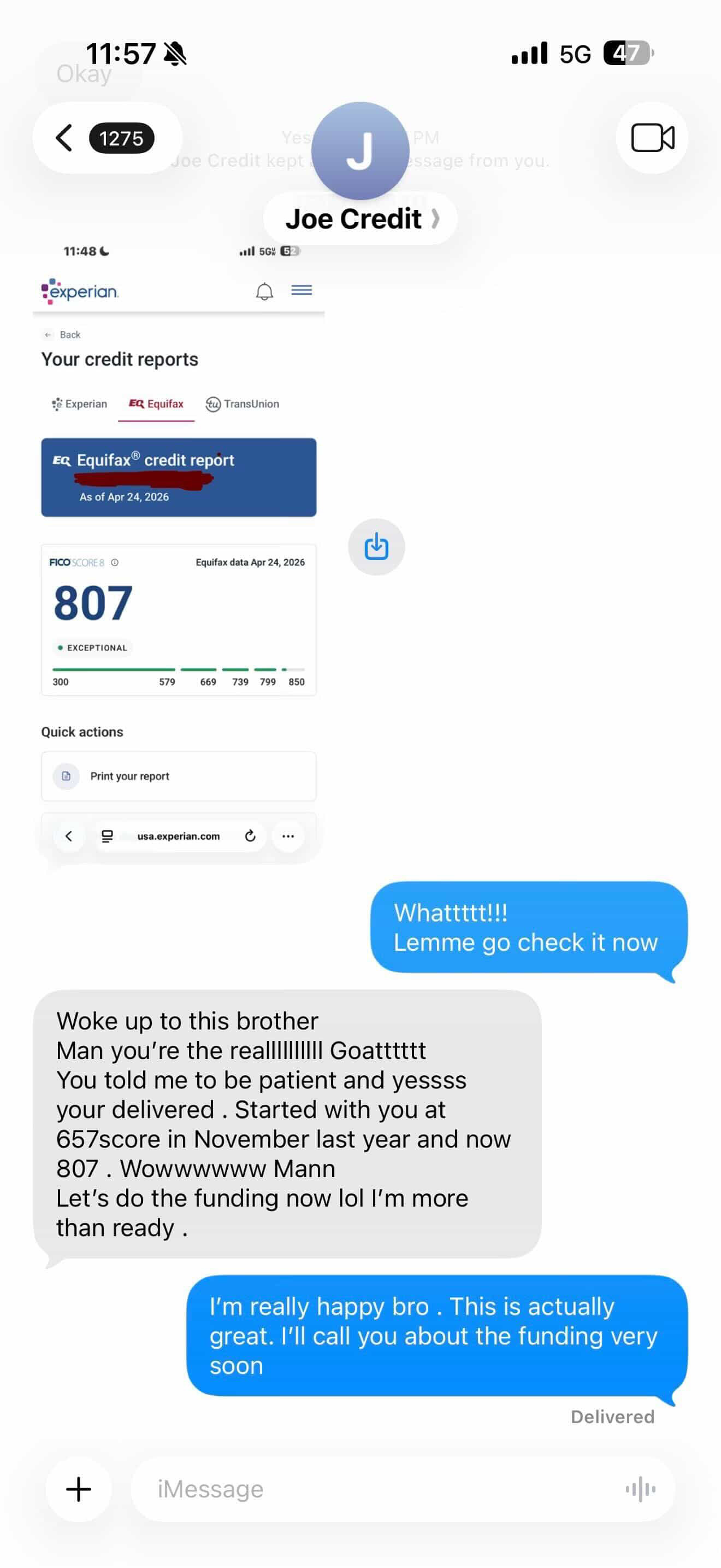 Client went from 657 to 807 credit score
